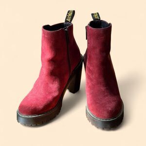 Dr. Martens Magdalena Suede Chunky Heel Burgundy Boots